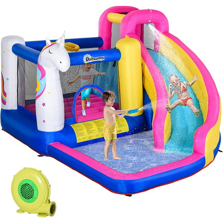 Outsunny Kids Bouncy House Inflatable Trampoline Water Slide Pool ...