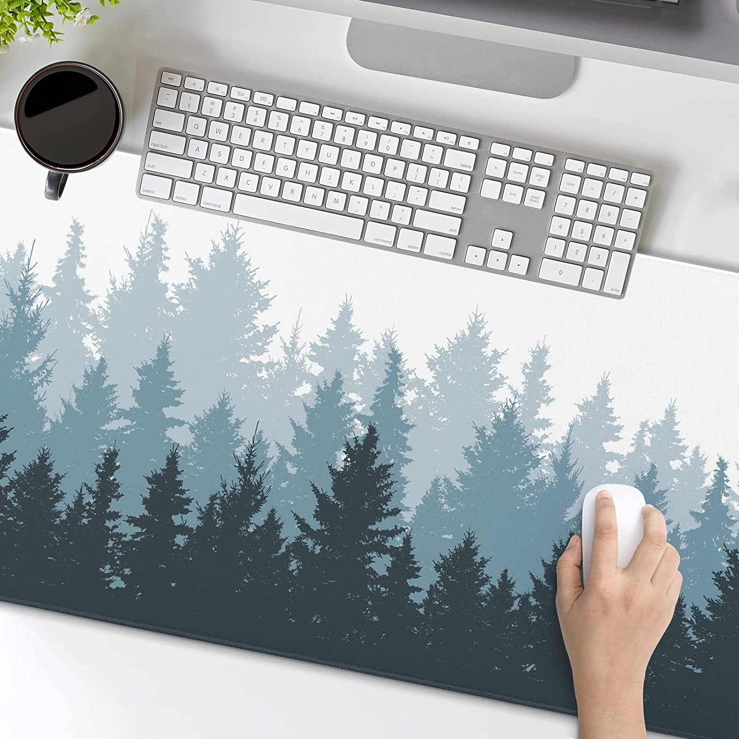 Forest Mouse Pad 35.4 X 15.7 Inch XXL Cool Design Black Gray Blue Abstract Watercolor Print Full Desk Mousepad Extended Large Non-Slip Rubber Base Keyboard Mat with Stitched Edges for Gaming Office