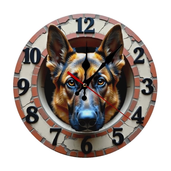 German Shepherd Dog Wall Clock 10 Inch Silent Non Ticking Round Wooden Clock Decoration for Living Room Kitchen Bedroom Bathroom Office Classroom