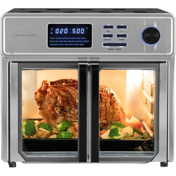 Kalorik - Freidora de aire MAXX® Complete Digital de 26 cuartos de galón y 10 en 1, 15 accesorios de lujo y libro de cocina de tapa dura de 60 recetas, 21 presets, 1700 W, acero inoxidable