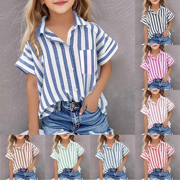 FRSASU Button Down Shirt Girls Cotton Short Sleeve Blouses Collared Casual Summer Beach Striped Short Sleeve Tops Red-A