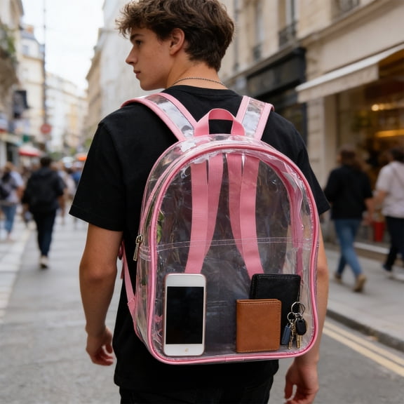 Clear Heavy Duty Backpack for Men Women, Large Capacity Transparent Bookbag with Reinforced Straps, Waterproof Bag for Campus College Travel Security Check, Pink