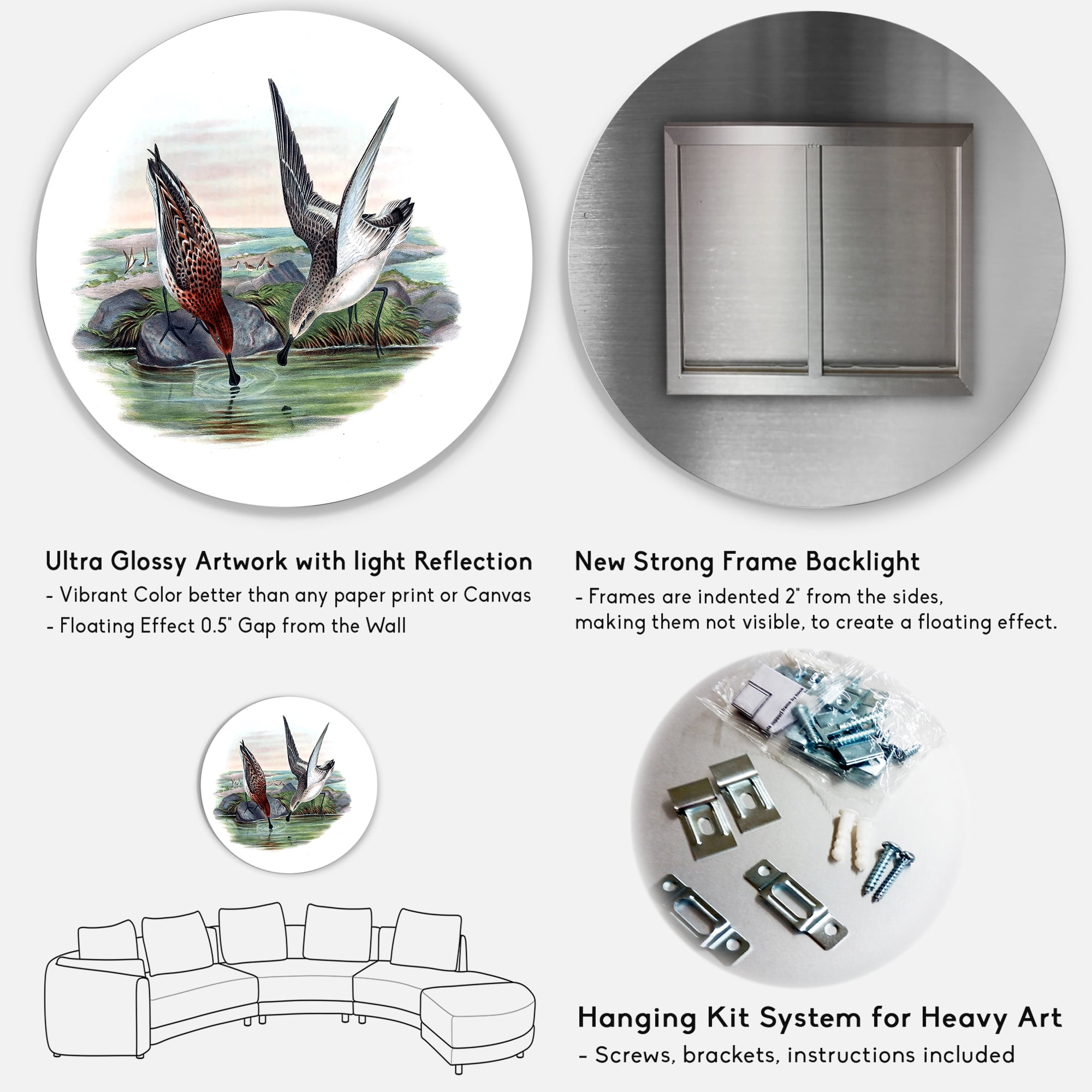 Designart 'Vintage Countryside Two Birds In Lake' Farmhouse Circle Metal Wall Art 23x23 - Disc of 23