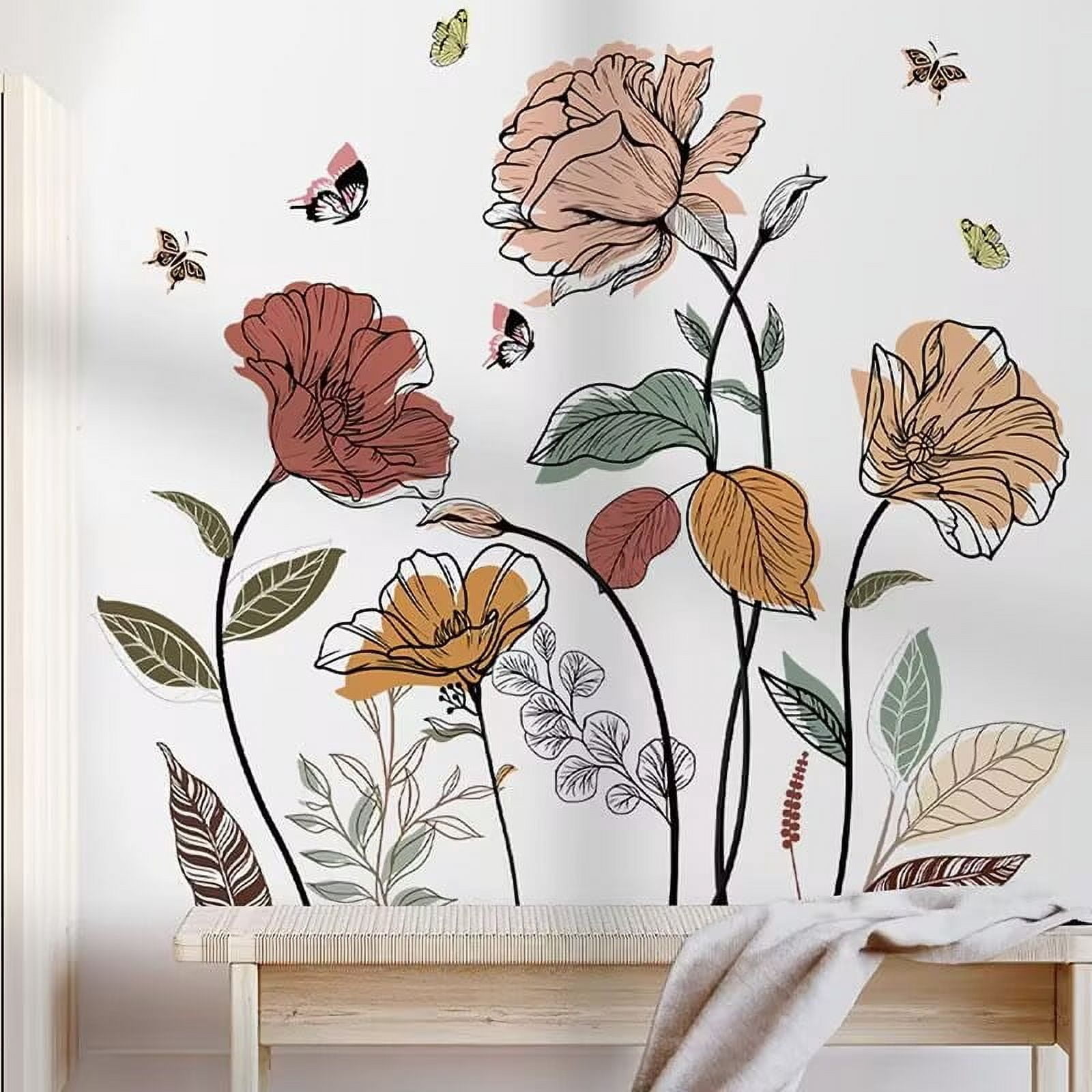 Boho Flower Wall Decals Wildflower Plants Grass Wall Stickers Large Floral Wall Art Decor for Living Room Bedroom Office TV Sofa Backdrop Home Decor Gifts for Mom