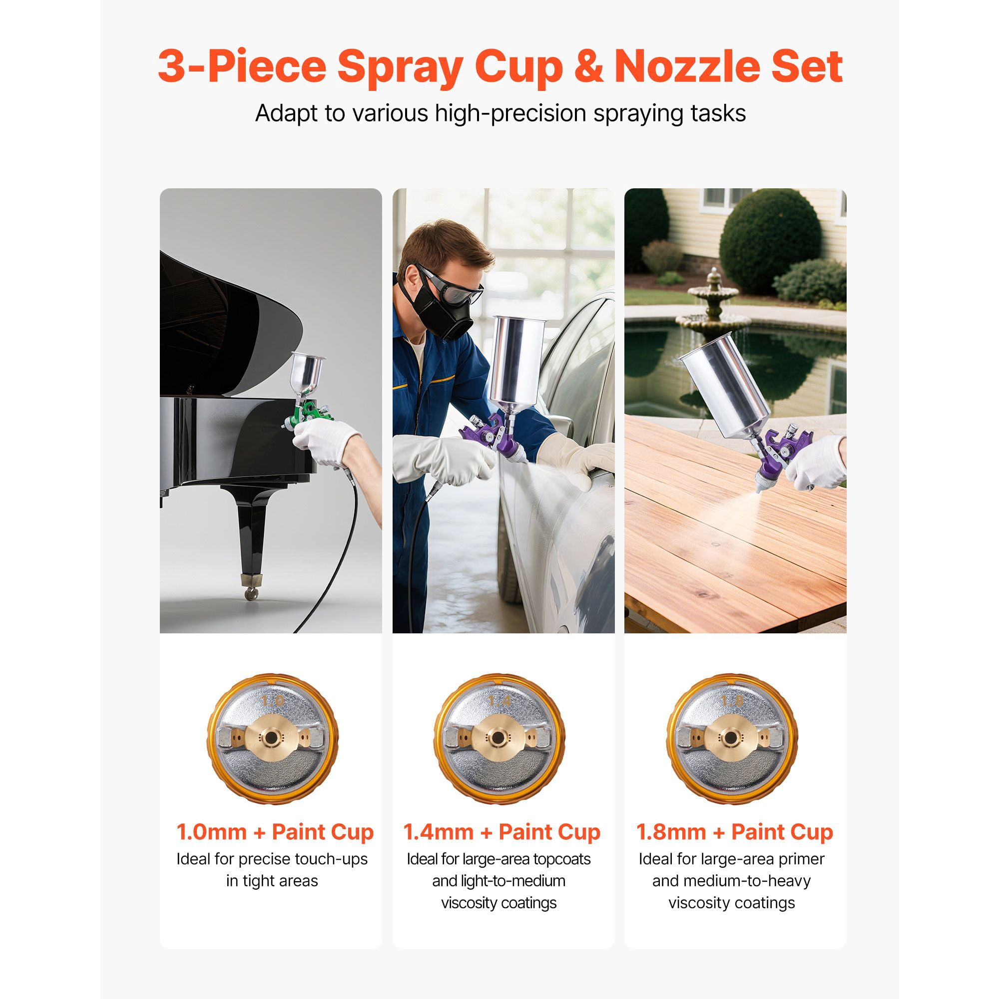 3-Piece Air Spray Gun Set with 1.0/1.4/1.8mm Nozzles, 100ml & 1000ml Cups, 360° Rotating Nozzle Cap, for Automotive Furniture Painting