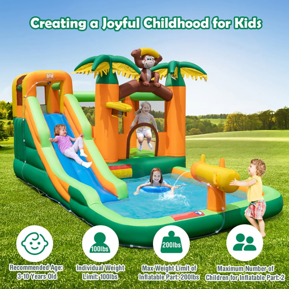 Aimee Lii Monkey-Themed Inflatable Bounce House with Slide without Blower, Toddlers Boys Girls Backyard Party Gifts