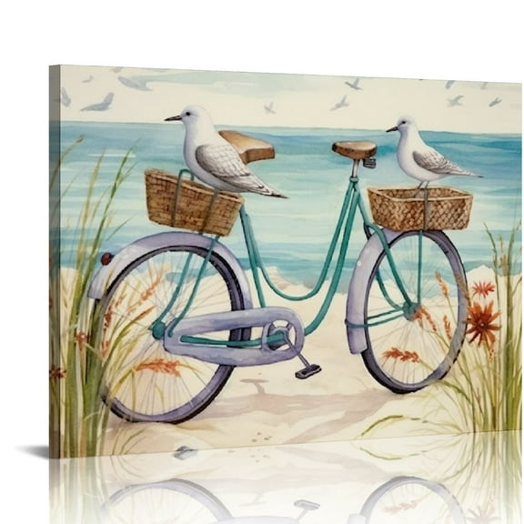 EastSmooth Beach Bicycle Pictures Wall Art Ocean Coastal Nautical Bathroom Decor Turtle Bike Lavender Seashell Canvas Paiting Teal Beach Framed Artwork for Bathroom Bedroom Living Room