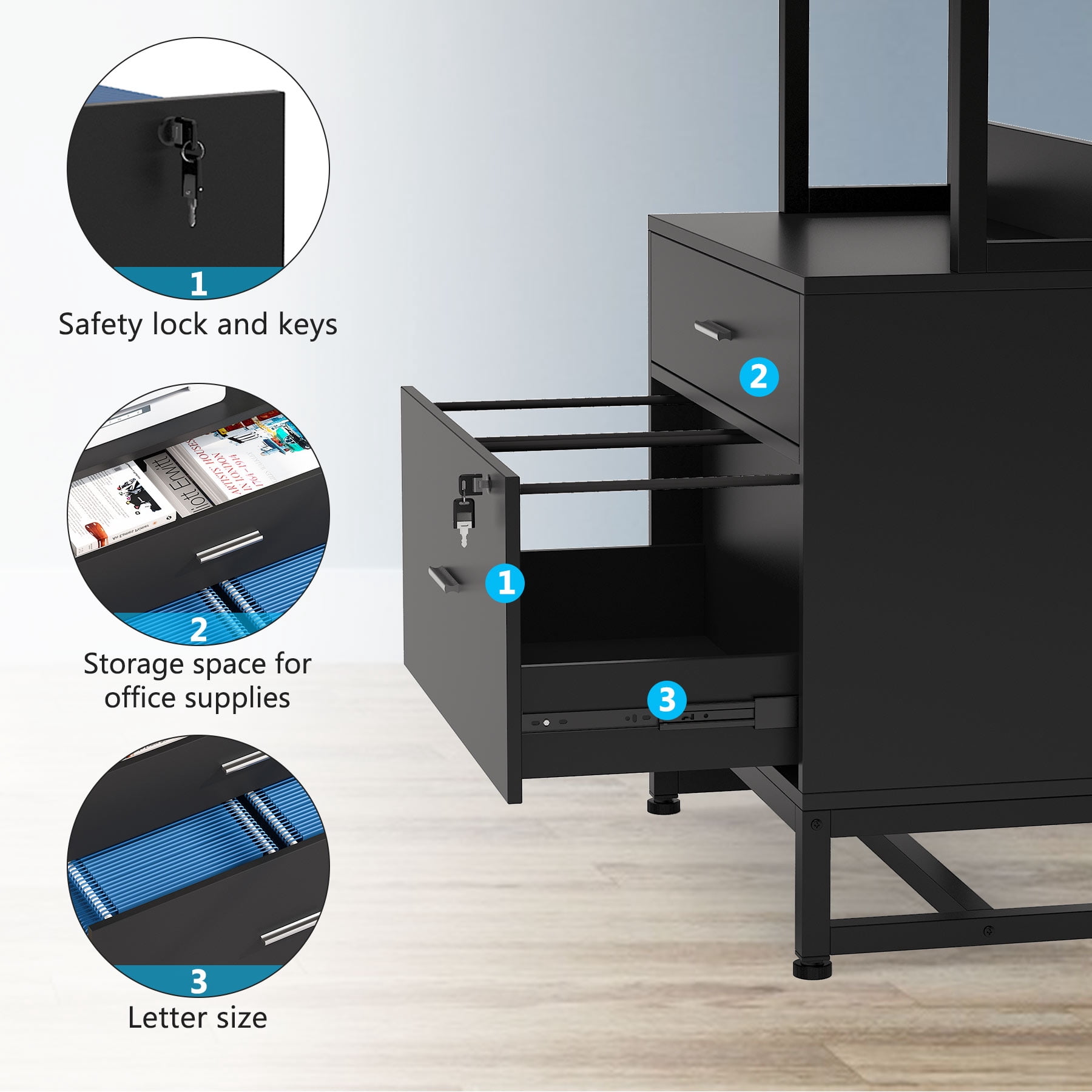 Tribesigns 2 Drawer Locking File Cabinet with Bookshelf Black Durable Storage