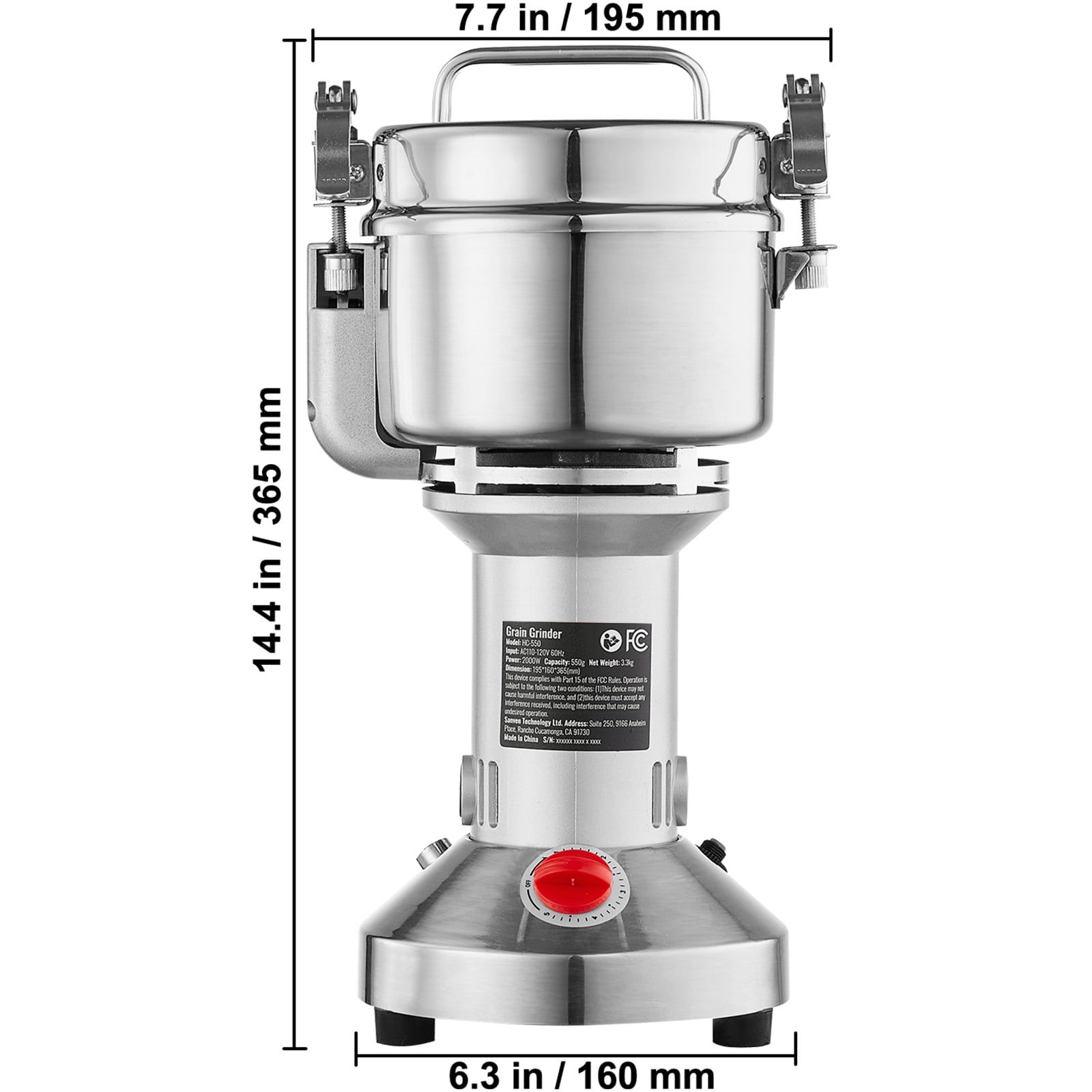 KFFKFF 550g Electric Grain Mill, 2000W Speedy Commercial Spice Grinder, Stainless Steel Powder Pulverizer for Dry Grains, Spices, Cereals, Coffee, Corn, Pepper