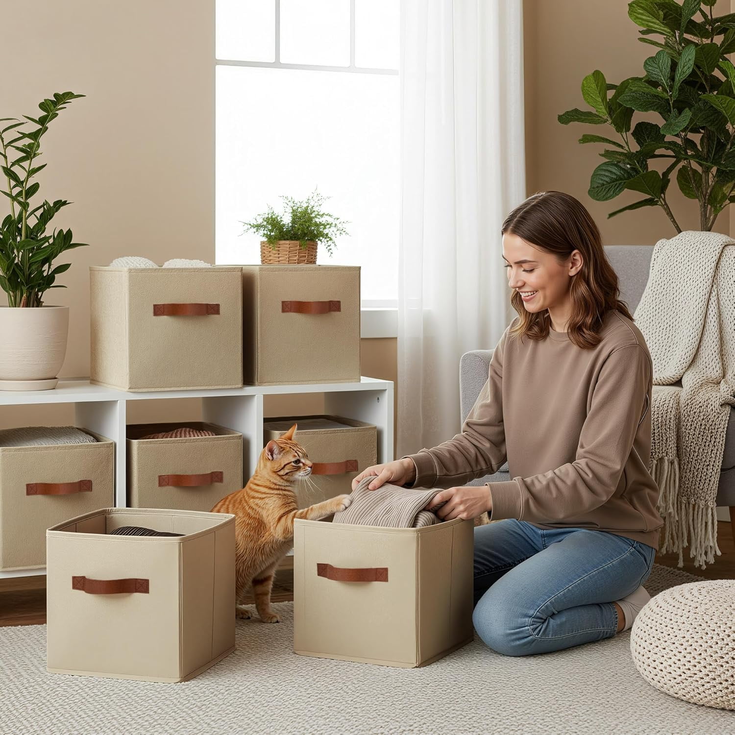 GRANNY SAYS Storage Cube Organizer, 11 Inch Cube Storage Bins, Fabric Storage Bins for Cube Shelf & Closet, 6-Pack, Khaki