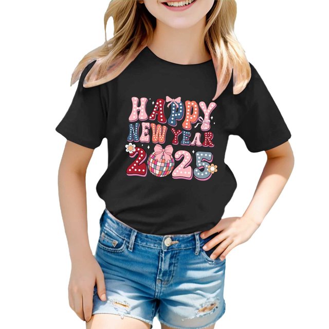 Toimothcn T-Shirts Filles Décontractés 2025 Bonne Année Lettre Imprimée Manches Courtes Col Rond Cool Respirant T-Shirts Adaptés pour Usage Quotidien 4-5 Ans