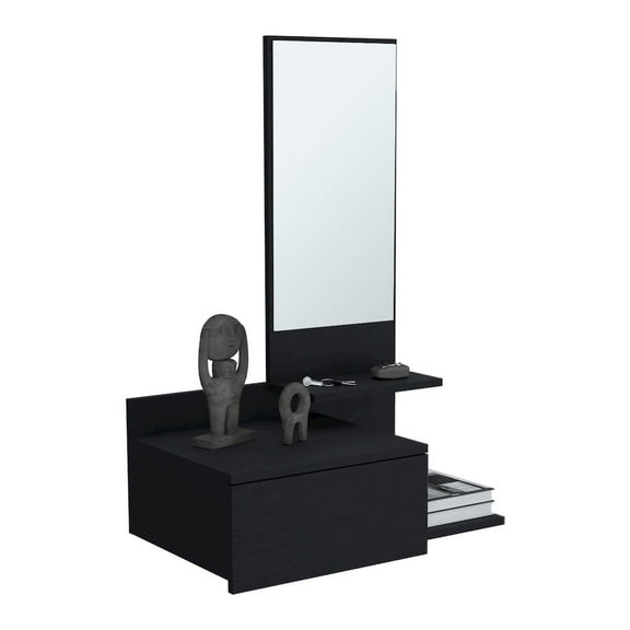 Depot E-Shop Sitka Floating Hallway Cabinet, 1 Drawer, 3 Shelves, 1 Mirror, Black