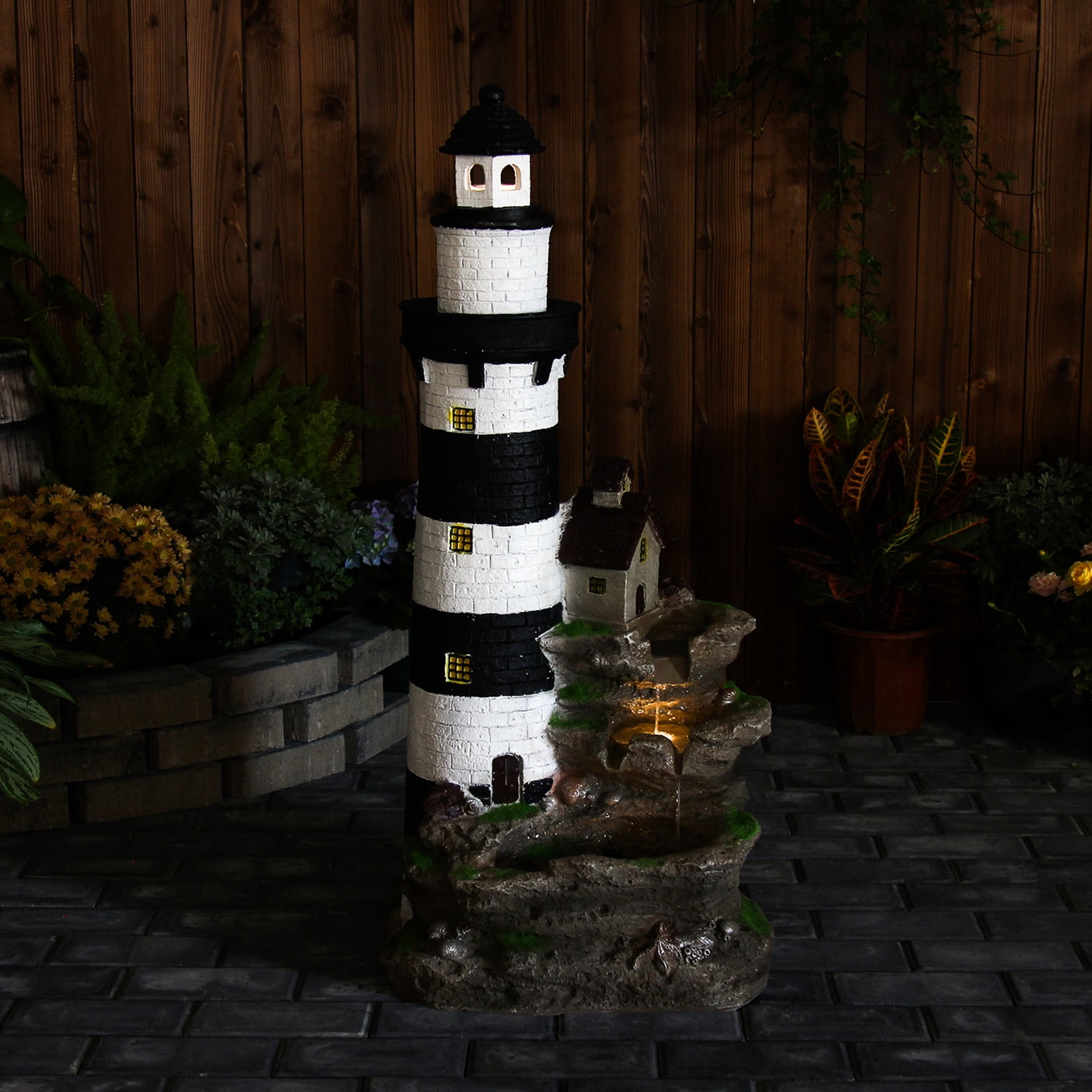 Lighthouse Floor Water Fountain Outdoor 3-Tiered Rock Indoor Waterfall Garden Fountain 38.58''H Decorative Water Feature for Yard Home Patio Office with LED Lights