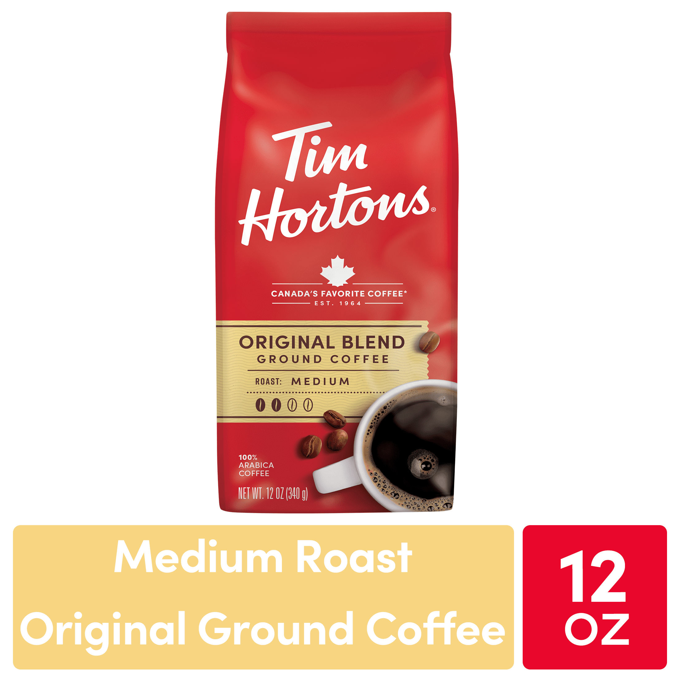 Tim Hortons Original Blend Ground Coffee, 100% Arabica Medium Roast, 12oz Bag