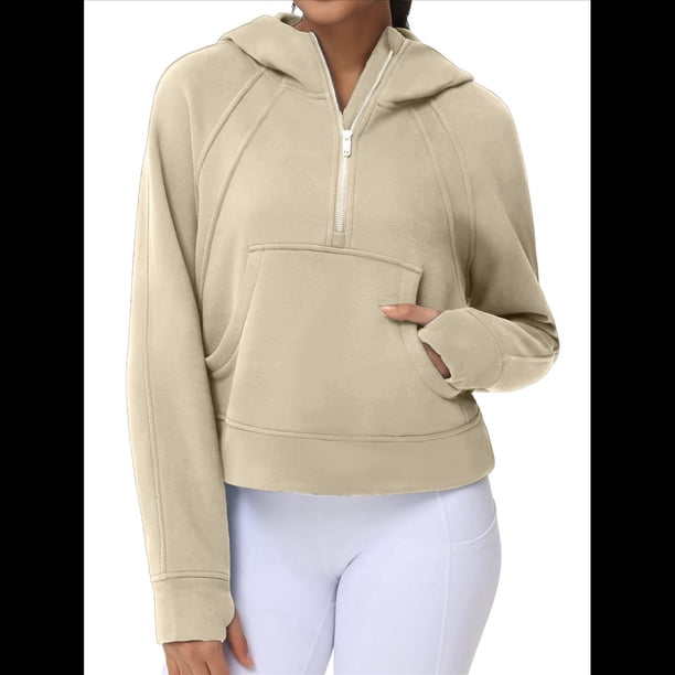 Sudadera con Capucha para Mujer, de Larga, Corta, con Media Cremallera y Bolsillos con Orificio para el Pulgar. Albaricoque S