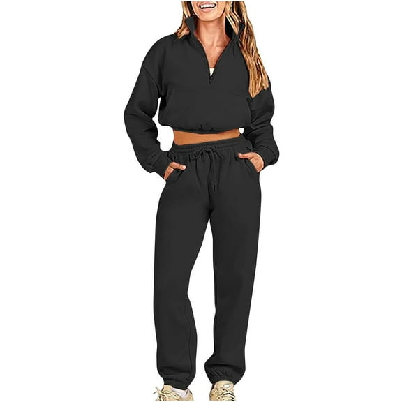 Pejock Women Two Piece Outfits Long Sleeve Crewneck Pullover Tops and Long Pants Tracksuit Fall Oversized Sweatshirt Wide Leg Sweatpant Lounge Sets Thicken Sweater Trousers Two-piece Suits Sweatsuits