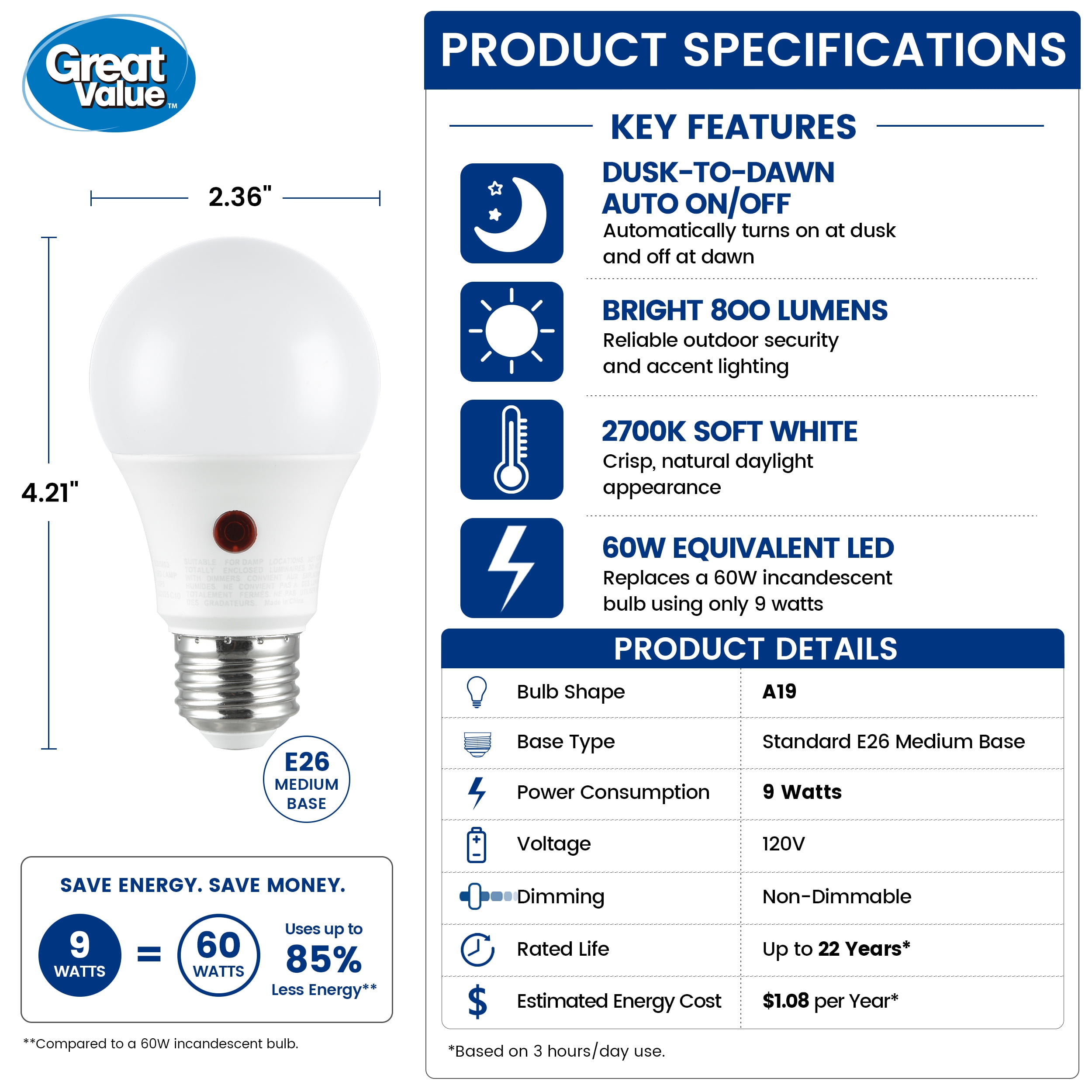 (2 pack) Great Value A19 Dusk to Dawn Auto On/Off LED Light Bulb, 9-Watt (60W Equivalent) E26 Medium Base