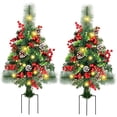thumbnail image 1 of GUOOU Ensemble de 2 Arbres de Noël Pré-Éclairés de 30 Pouces, Décorations de Noël Extérieures pour Porche, Allée, Jardin, avec 66 Lumières LED, Baies Rouges, Ornements Boules Rouges, 1 of 10