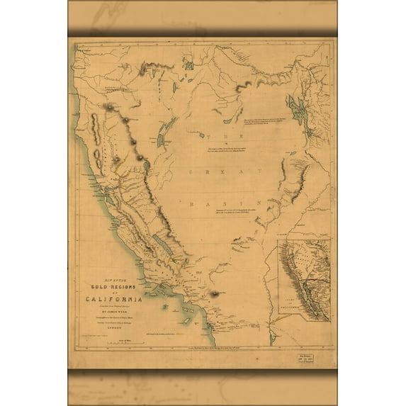 24"x36" Gallery Poster, Map of the gold regions of California 1849