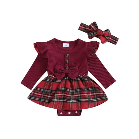

Suanret Infant Baby Girls Christmas Romper Dress Long Sleeve Ruffle Plaid Patchwork Jumpsuit with Headband Watermelon Red 3-6 Months
