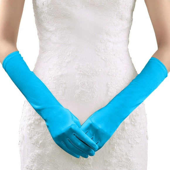 PMVFHDE Gants de Mariage en Satin Élégants pour Femmes pour Fêtes et Carnavals Design Uni Bleu, Taille Unique