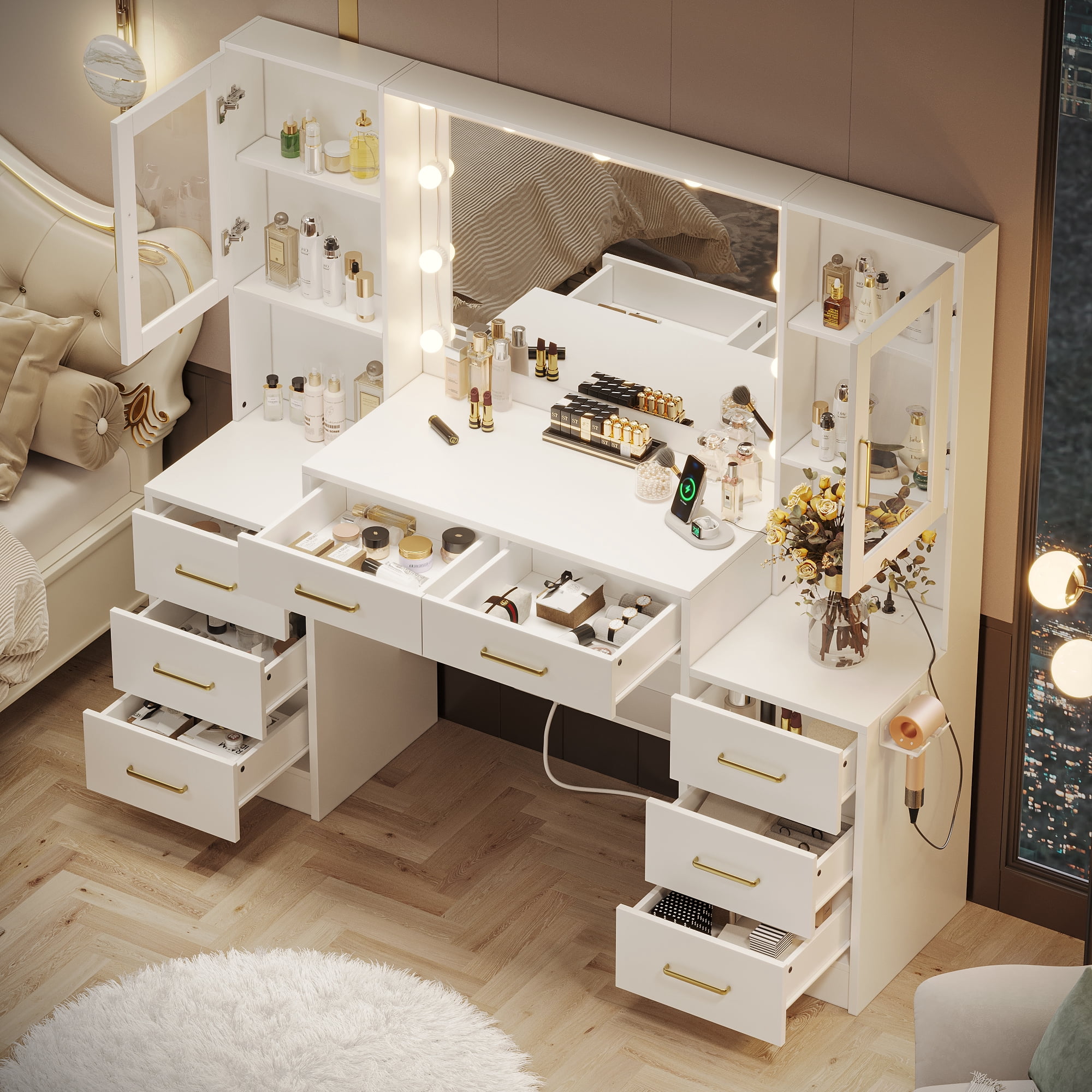 UGTOO White Modern Vanity Set – 8-Drawer Dresser with LED Mirror & Charging Station (58.27"L x 15.75"W)