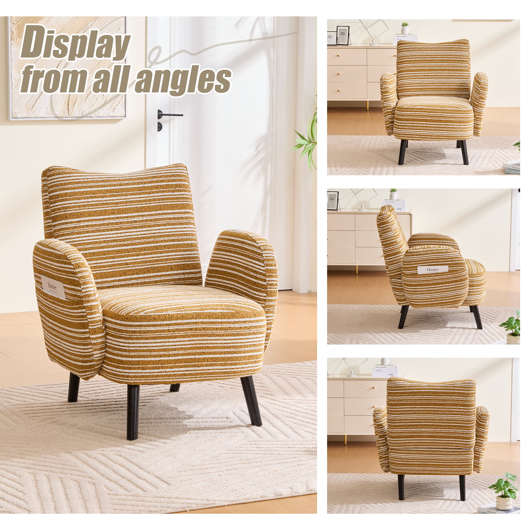 MOONMISS Modern Accent Chair with Ultra-Comfortable Armrests, Pillows and Storage Pockets, Deep-Seated Loveseat Sofa Couch for Bedroom, Small Spaces, Apartments (Mustard Yellow)