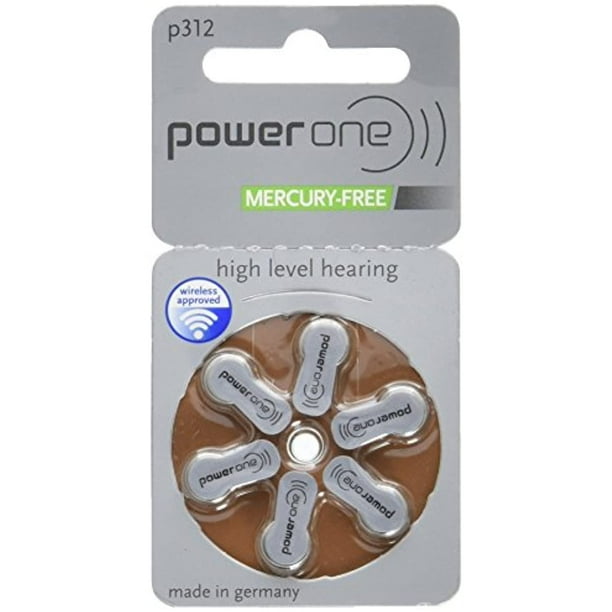 PowerOne Size 312 Hearing Aid Zinc Air Battery 6PK Mercury Free