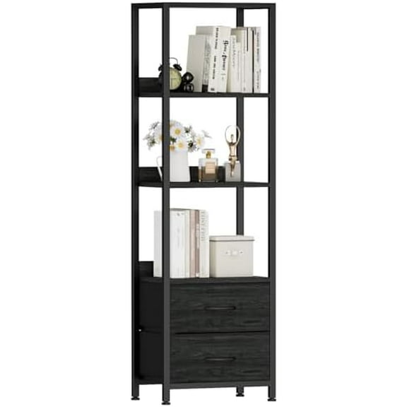 4-Tier Corner Shelf, Bookshelf with 2 Storage Drawers, 57.28”Tall Narrow Bookcase, Standing Shelf Organizer Unit for Living Room, Bedroom, Metal Frame, Wood Display Shelf