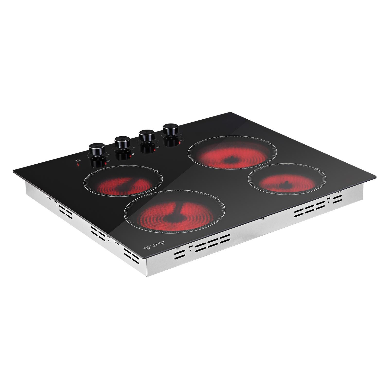 24 Inch Electric Cooktop 4 Burners 6000W 220V Built In Ceramic Radiant Stove Top, Knob Control, 11 Power Levels, Over Heat Guard, Black