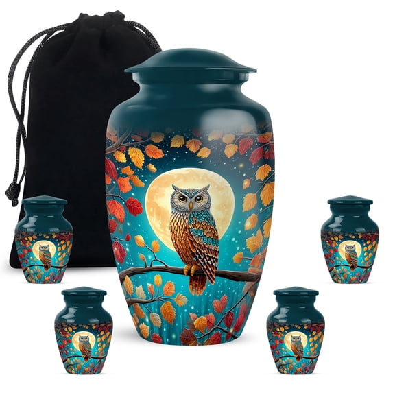 JAGASY Owl Memorial Combo Urns Set, Teal Small Urns for Human Ashes Keepsake, Night Moon & Autumn Tree Leaves Decorative Urn for Brother, Funeral Large Urn for Siblings, (1 Large, 10"; 4 Small, 3")
