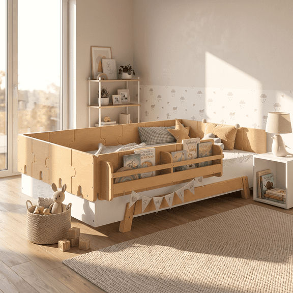 Miniyam Twin Size Montessori Floor Bed, Kids Bed Frame with Guardrails and Bookshelf Storage, White & Natural
