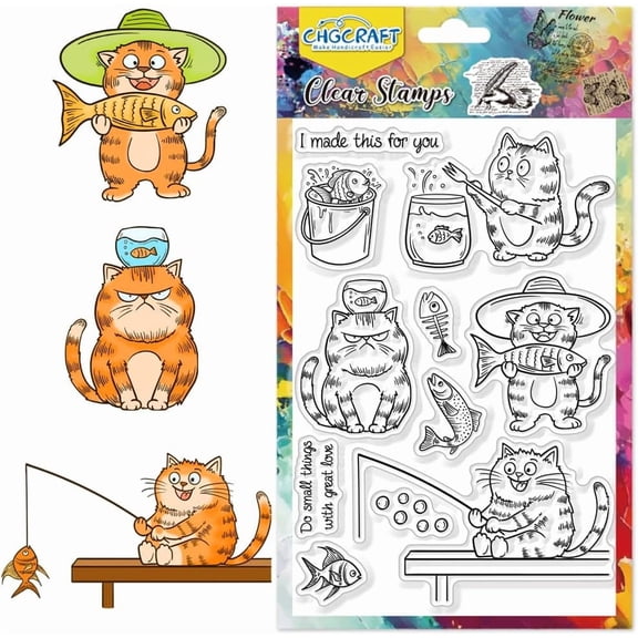 1sheet Funny Cat Fishing Clear Stamps Cute Cat Bucket Transparent Handicraft Stamps