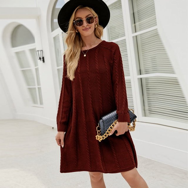 Vestido tipo suéter largo de color liso de moda de otoño e invierno, vestido de punto de línea A suelto y torcido con cuello redondo