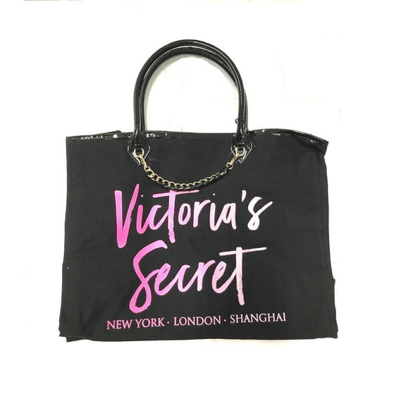 Victoria's Secret City Tote Chain Canvas Tote Bag Black New