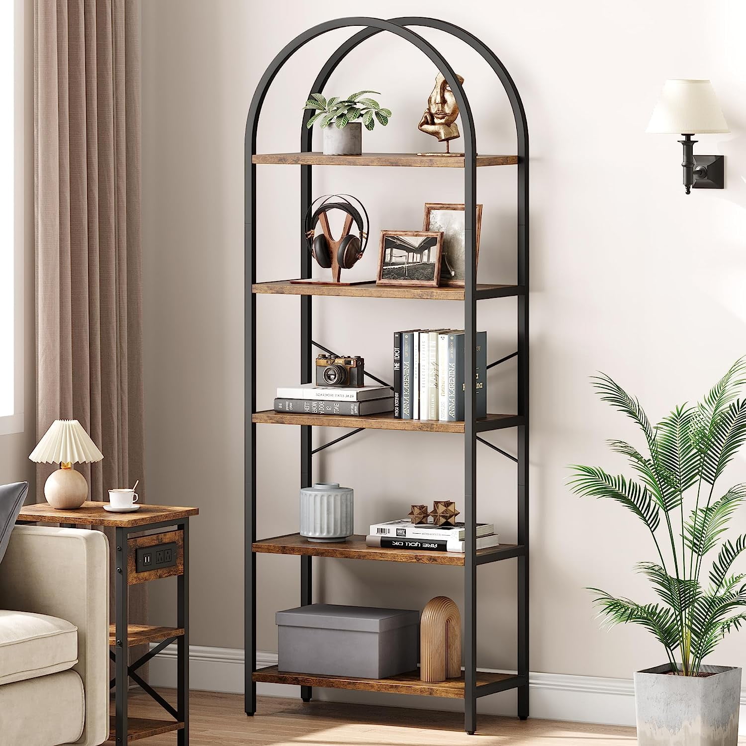 IdealHouse Arched 5-Tier Bookshelf, Modern Bookcase with Gold Metal Frame, Tall Wood Storage Shelf for Living Room, Bedroom, Home Office, Easy Assembly, Brown