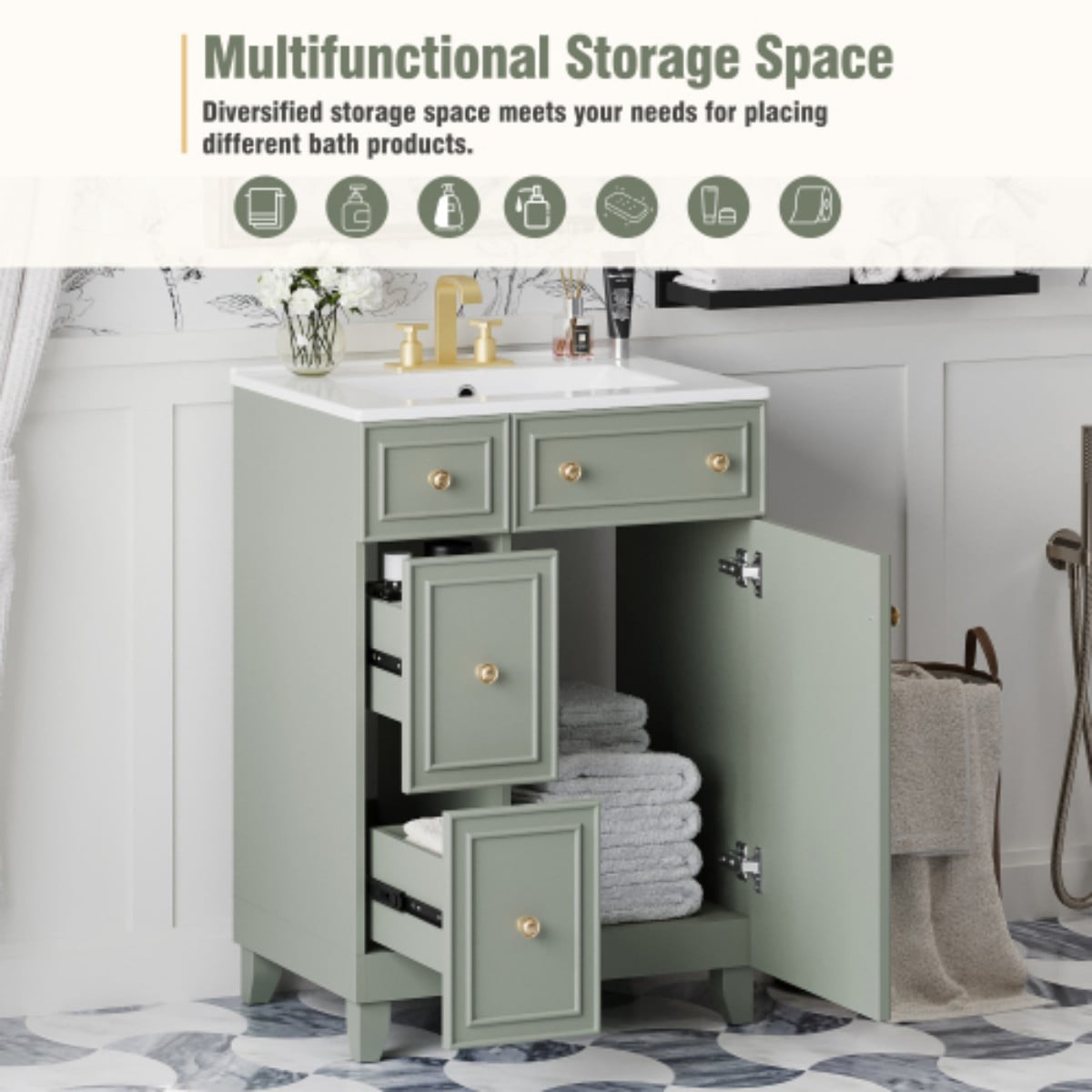 24" Bathroom Vanity with Ceramic Sink, Small Bathroom Vanity Cabinet with 2 Drawers and 1 Door, Freestanding Storage Cabinet, Green