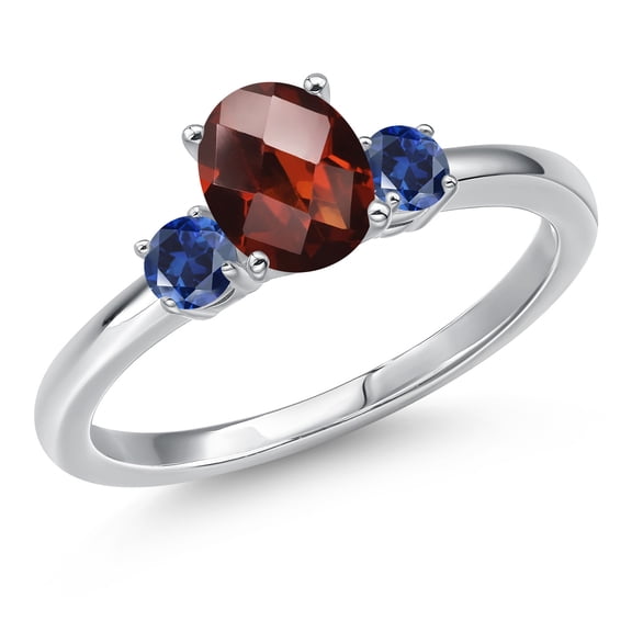 Gem Stone King 14K White Gold Red Garnet and Blue Created Sapphire Engagement Ring for Women | 1.28 Cttw | Oval Checkerboard 7X5MM | Gemstone January Birthstone | Size 6