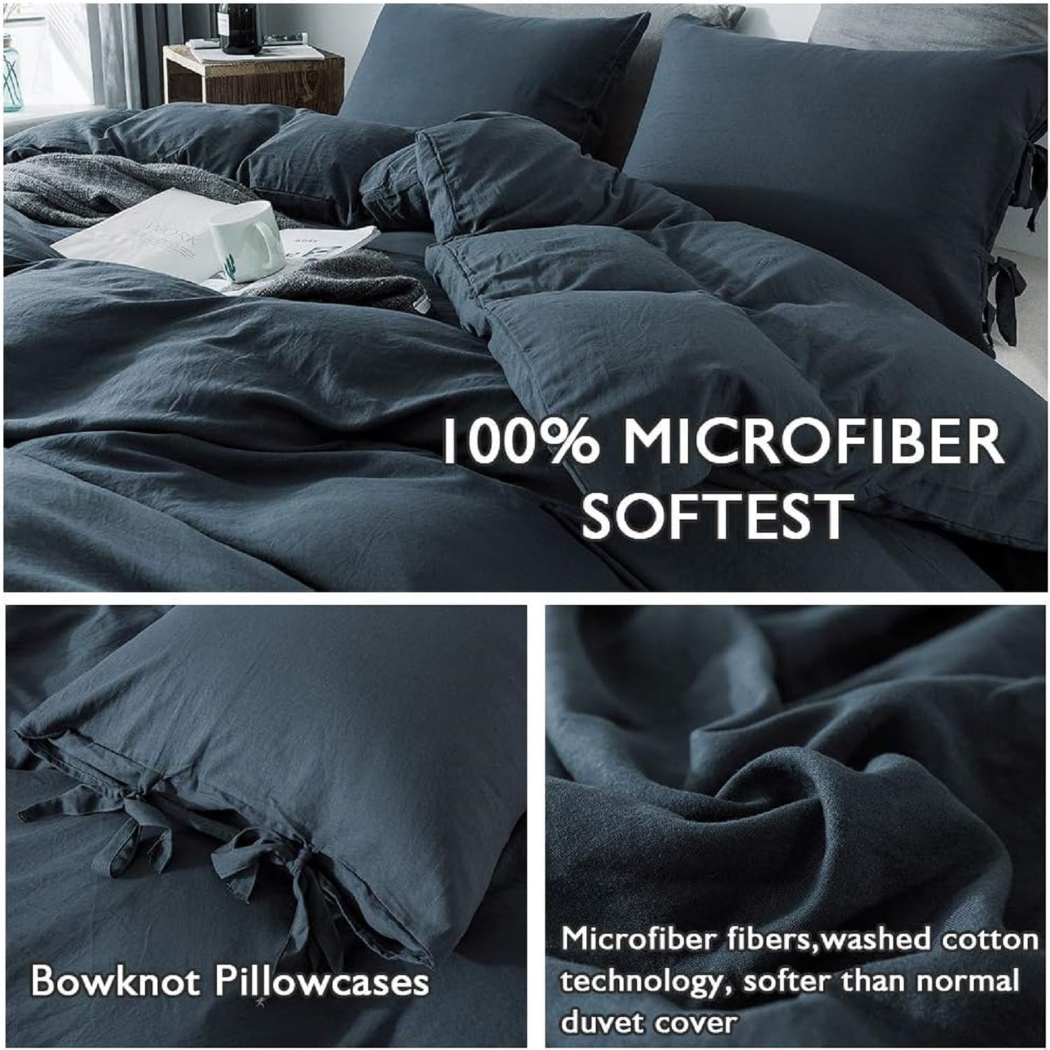 Washed Cotton Duvet Cover Twin, Navy Blue Minimalist Cotton Duvet Cover Set, 3 Pieces Plain Simple Cotton Duvet Cover Set with 2 Pillow Shams, Twin, 66"*90"