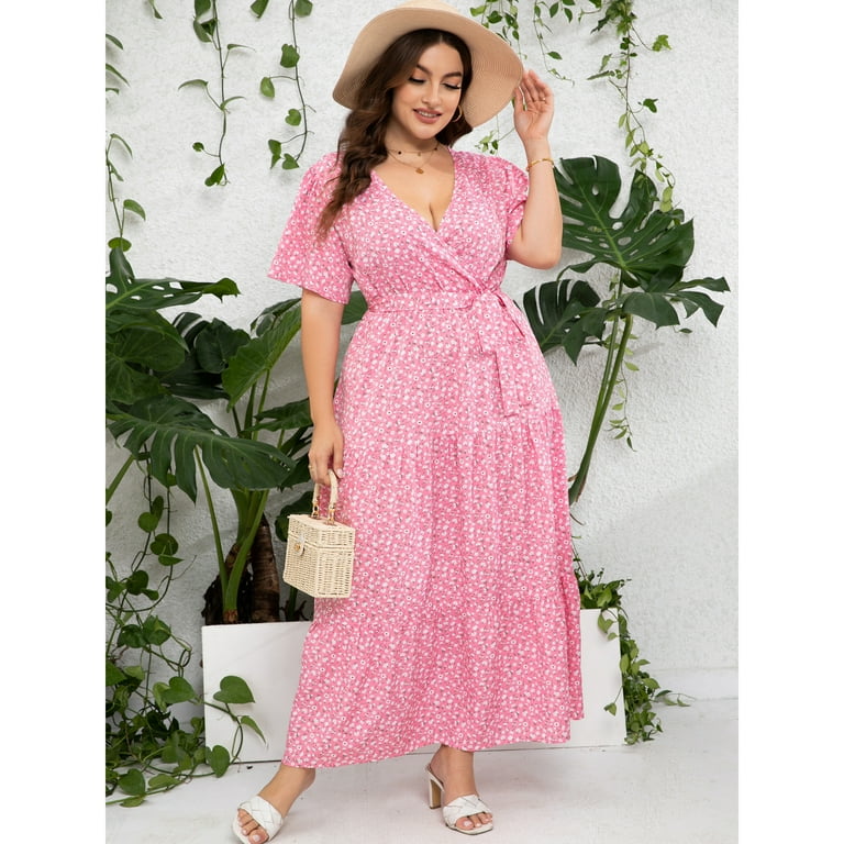 Yesfashion Womens Plus Size V Neck Wrap Maxi Dress High Waist Ruffle Summer  Casual Dress With Belt - Walmart.com