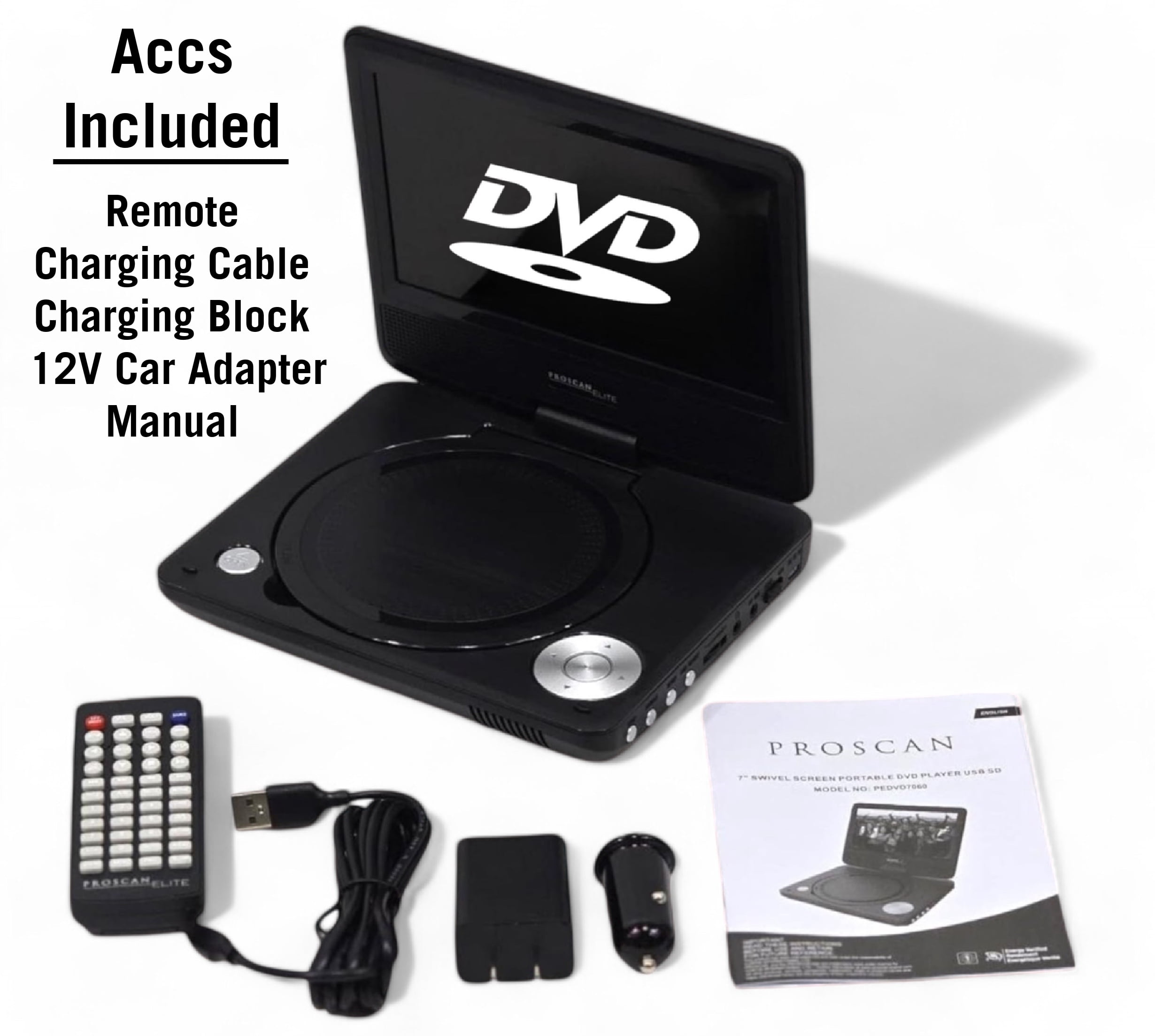 Pre-Owned Proscan Elite, 7-Inch Portable Swivel Screen DVD Player, Black, PEDVD7060