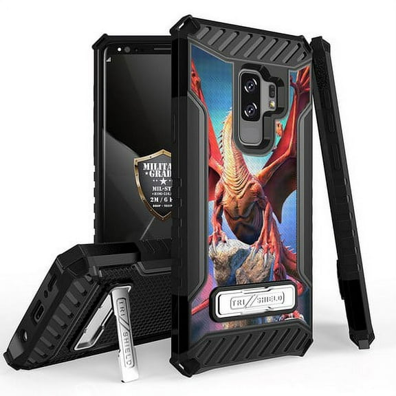Galaxy S9 Plus / Galaxy S9 Case, Trishield Durable Shockproof High Impact Rugged Armor Phone Cover with Kickstand for Samsung S9 Only White/Printed Red Dragon Wings