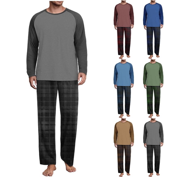 Men's Pajama Sets Crew Neck Solid Color Long Sleeve Blouse Drawstring Waist Long Pant Men Fashionable Casual Loose Pajama Set Top Pants 2pcs Sets
