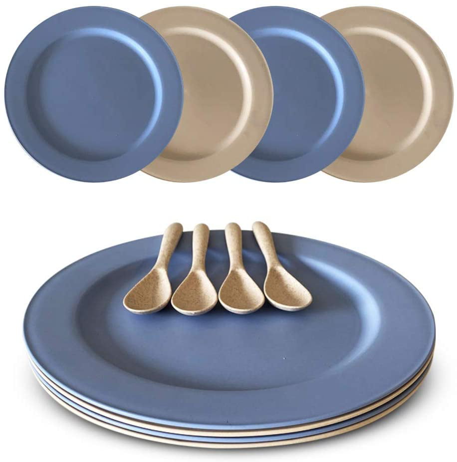 Bamboo Plates Reusable- Chic Set 4 Dinner plates + gift 4 spoons