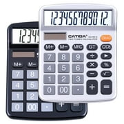 CATIGA Desktop Calculator (2 Pack) 12 Digit with Large LCD Display and Sensitive Button, Solar and Battery Dual Power, Standard Function for Office, Home, School, CD-2786 (Black/Silver)