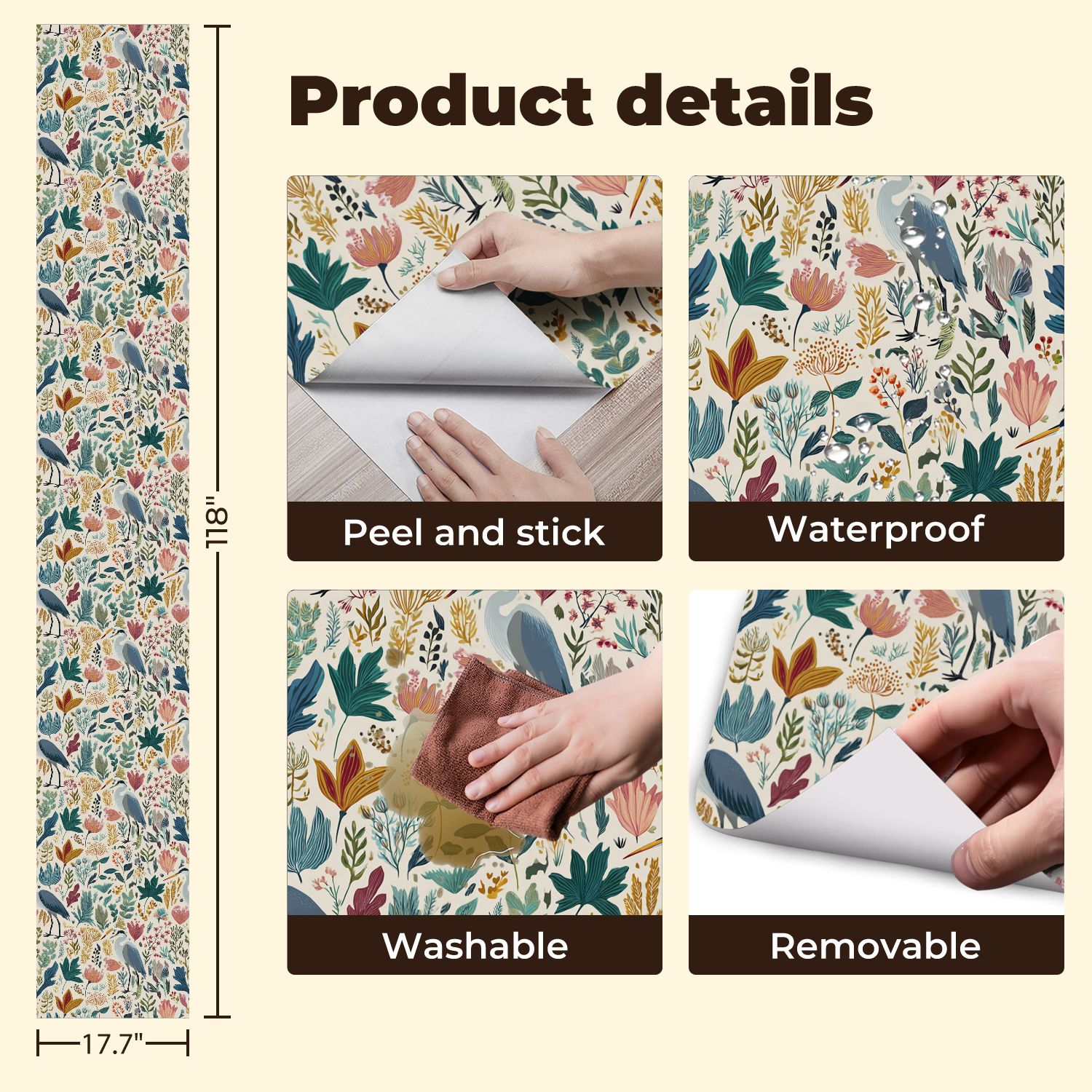 Vintage Peel and Stick Wallpaper Floral Botanical Herons Vibrant Foliage Wall Mural 17.7in x 9.8ft Self Adhesive Removable Wall Paper Renter Friendly Wallpaper for Nursery Bedroom Cabinets