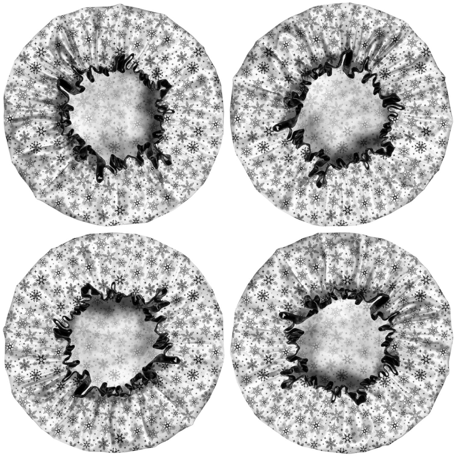 Shower Caps,Black and White Christmas Snowflake Pattern Waterproof Shower Cap for Women 4 Pieces,Double Reusable Hair Cover for Shower PEVA Elastic Stretch Hem