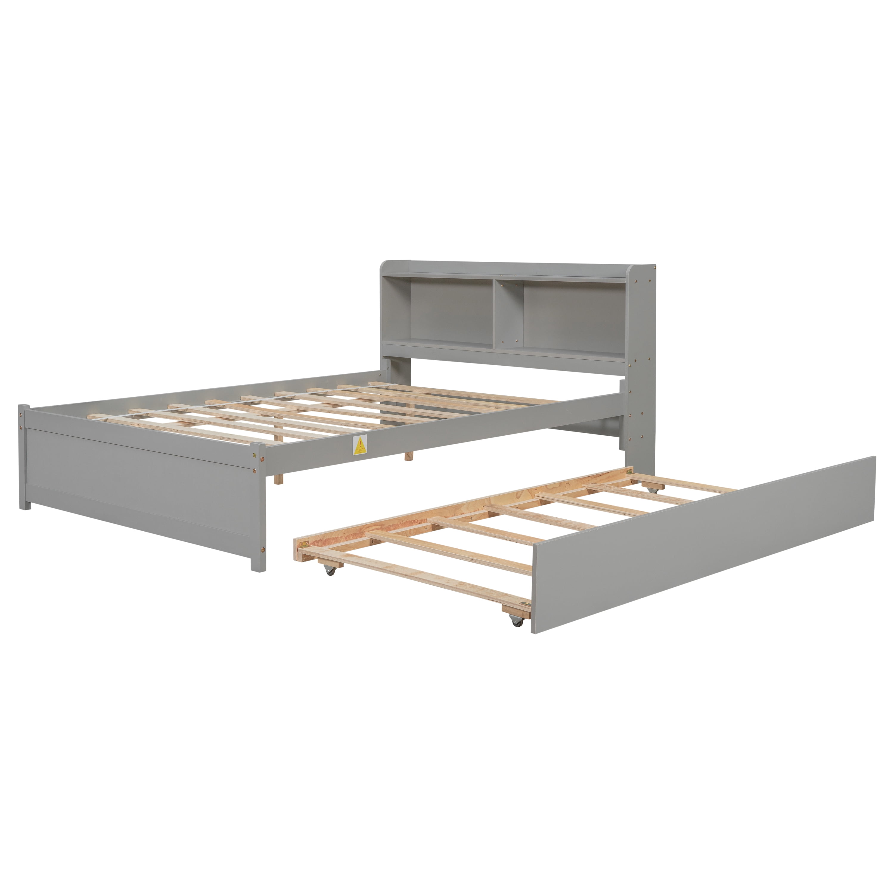 Miniyam Wood Full Size Bed with Trundle & Bookcase Headboard for Kids and Teens, Gray