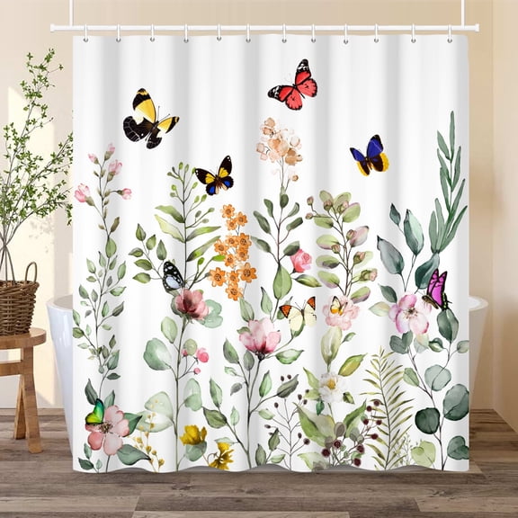 Floral with Butterfly Shower Curtain Spring Watercolor Flowers Bath Curtain for Bathroom Decor with Hooks 72x72 in