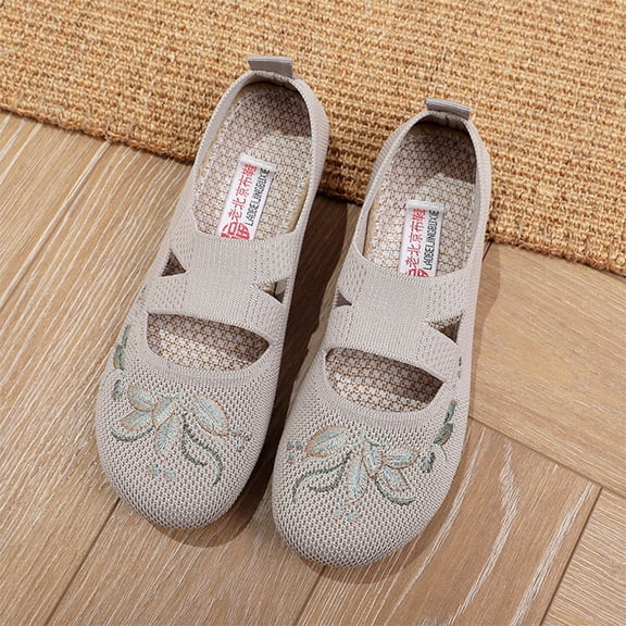 Norvail Summer Mesh Flyknit Embroidered Soft Sole Breathable Single Shoes – Lightweight Casual Slip-On Walking Shoes for Women, Cushioned Insole, Flexible Non-Slip Outsole for Daily Wear